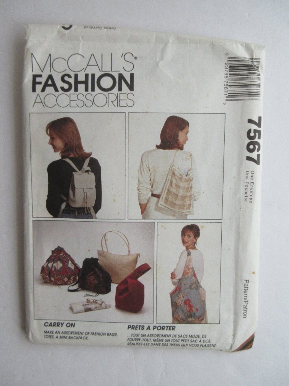 McCalls 7567 Pattern Carry On Fashion Accessories - Bags, Totes, Mini Backpack